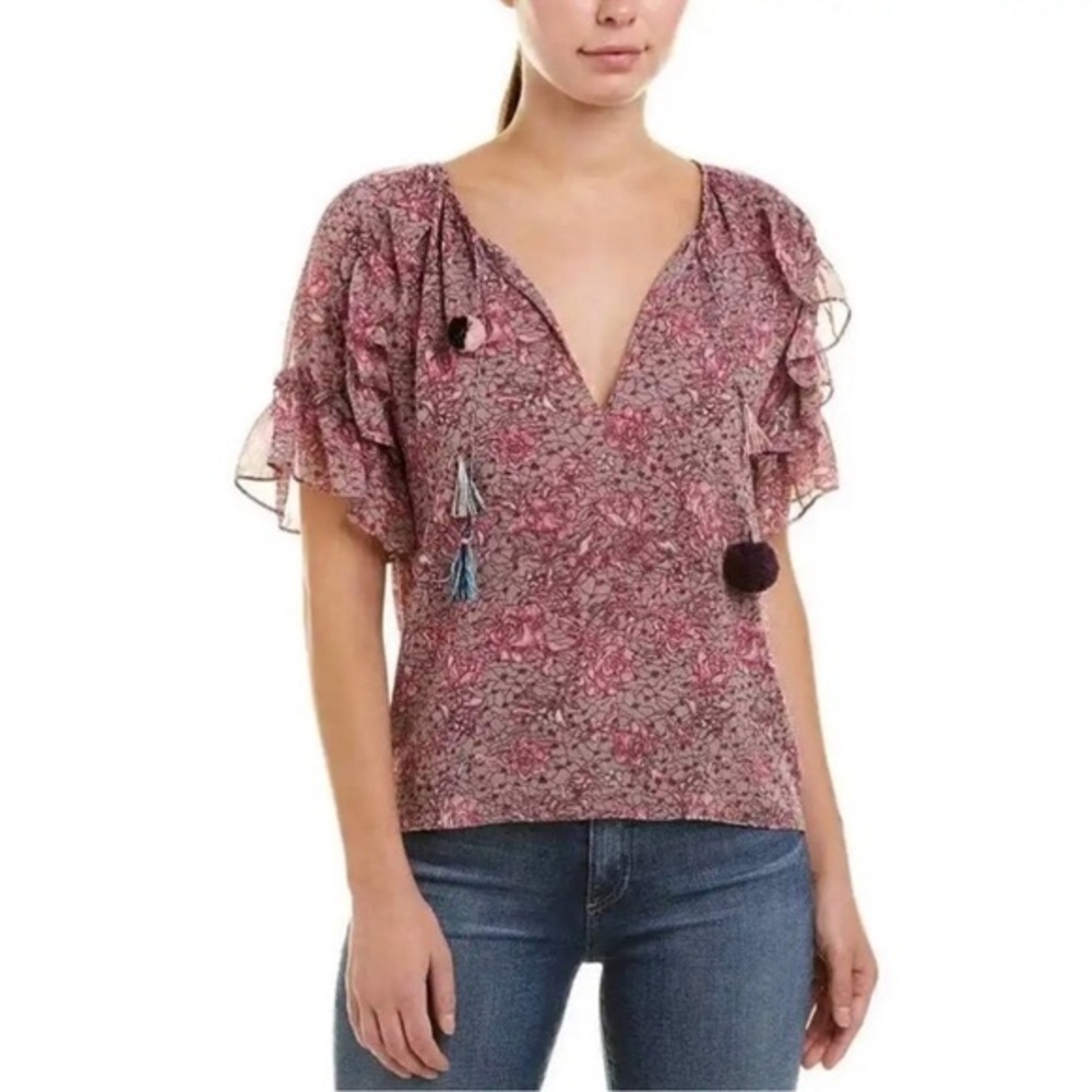 Misa Los Angeles lino spring flutter sleeve floral blouse